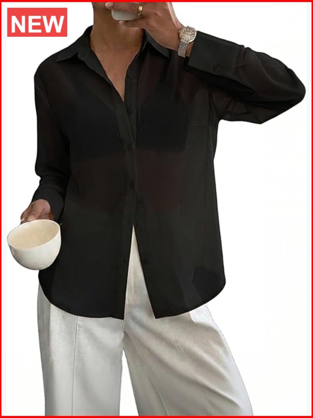 Sheer Button Down Shirt 100% Polyester Loose Fit Beach Cover Up
